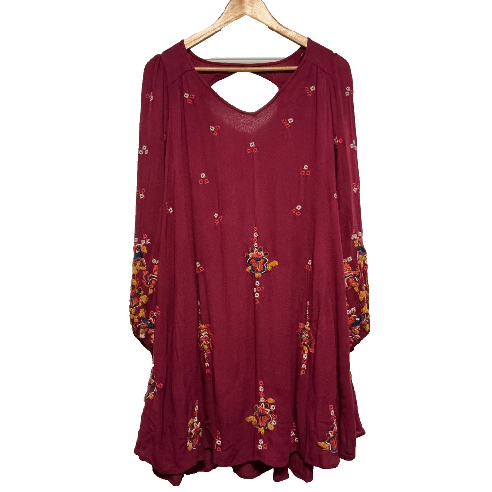 Free People Oxford Embroidered Boho Hippie Open Back Maroon Mini Dress M Pockets